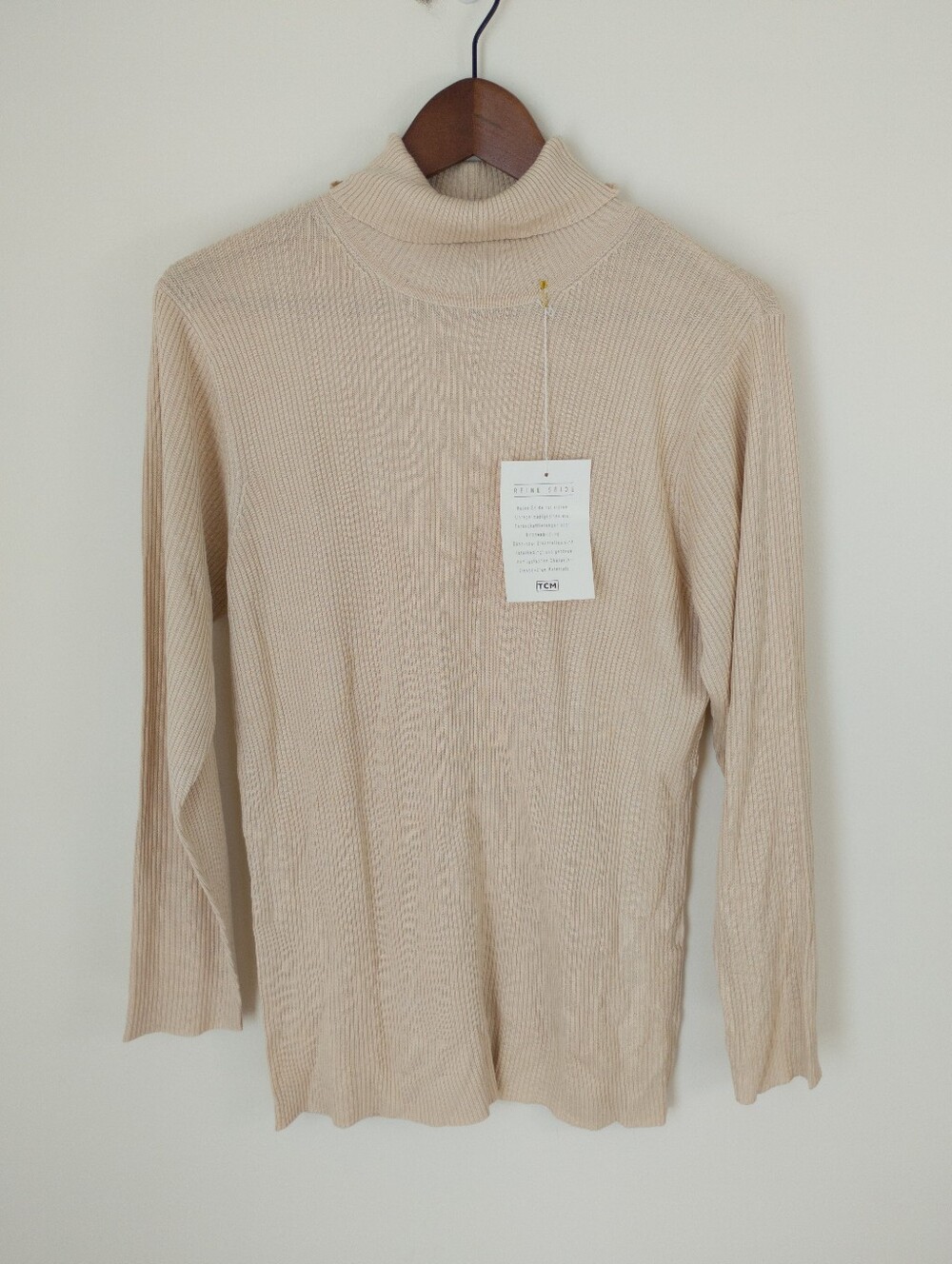 TCM 100% Pure Silk Ribbed Turtleneck Sweater Cream Beige Size 42/44 Large New